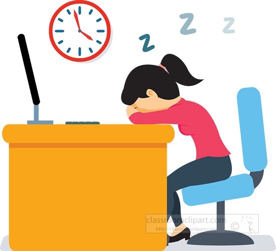 tired woman fall asleep on table while working clipart