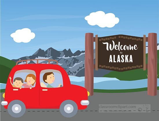 tourist in car passing welcome roadsign in state of alaska clipa