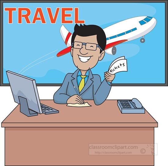 travel agent sitting at desk holding tickets clipart