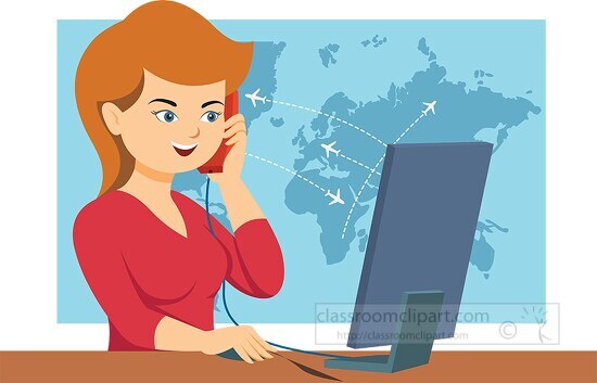 travel agent viewing computer while on phone clipart