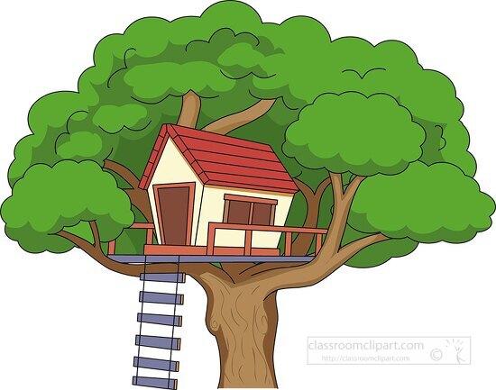 treehouse in large tree with ladder clipart