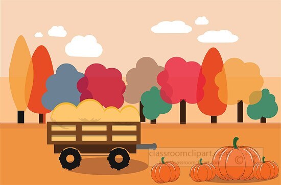 trees with colorful fall foliage cart pumpkins clipart