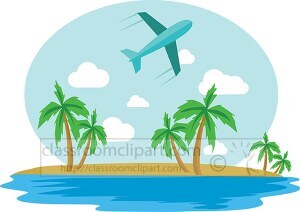 tropical island with palm trees with plane in the sky