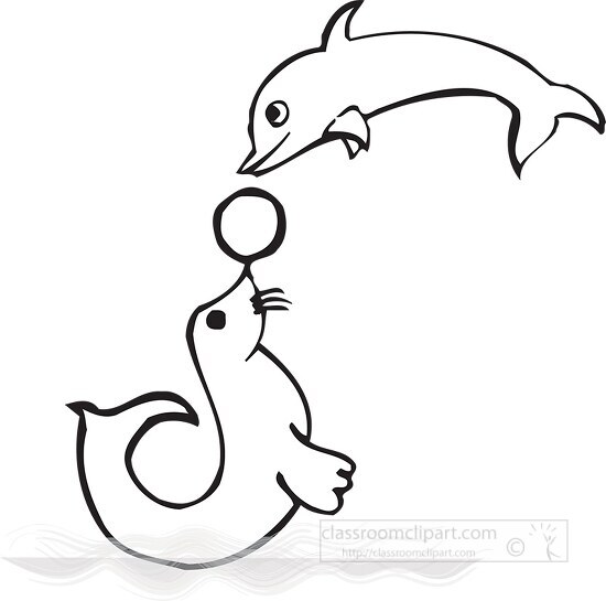two dolphins playing with ball outline clipart