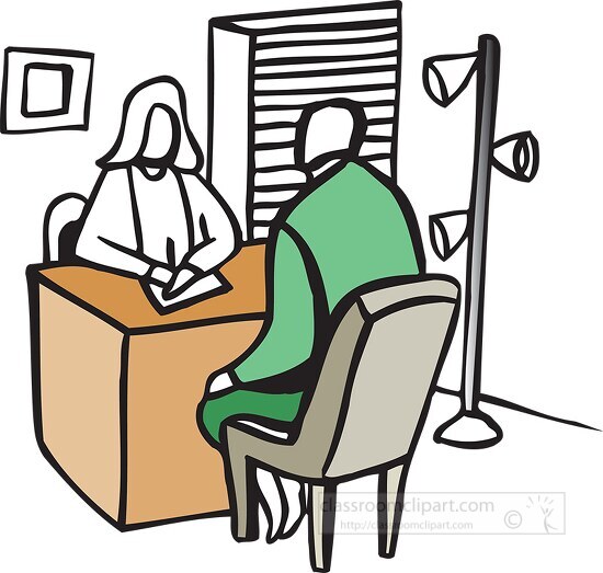two people sitting at a desk in an office talking