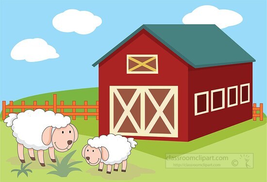 two sheep eating near red barn clipart