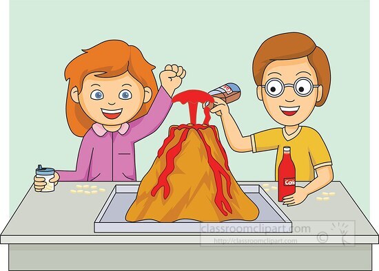 two students performing volcano science experiment