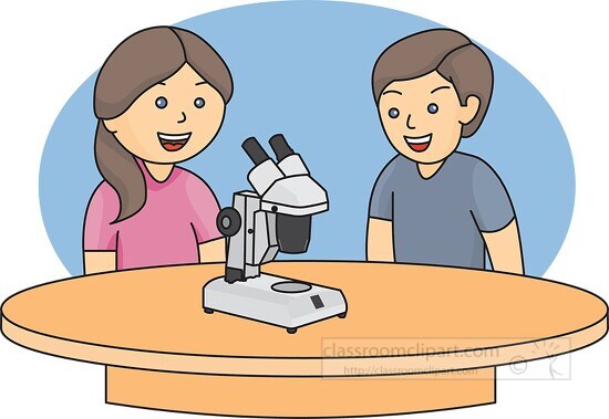 two students sitting in science classroom with microscope clipar