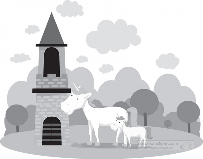 two-white-unicorns-at-a-castle-flat-vector-gray color