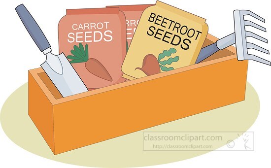 vegetable seed packets with tools in a box clipart