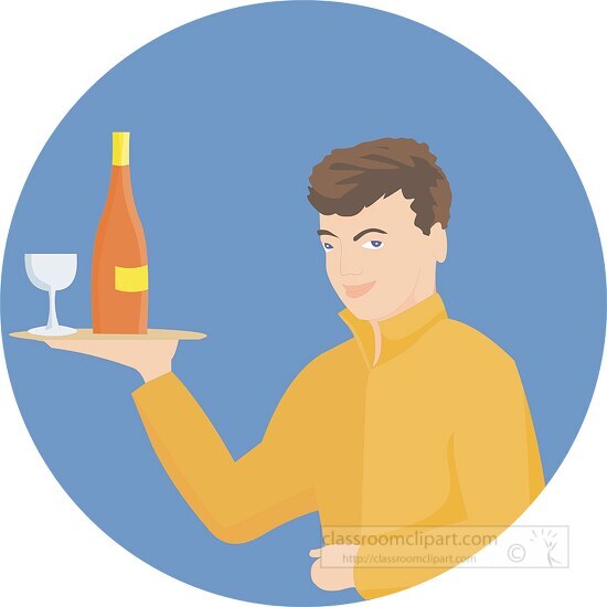 waiter holding tray with wine and glass clipart