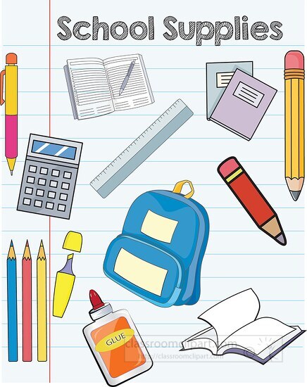 white lined school with icons for school supplies clipart