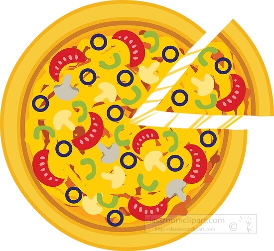 whole cheese pepperoni pizza with a slice clipart