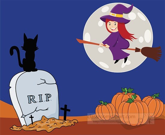 witch flying over rip cemetary with black cat pumpkins halloween