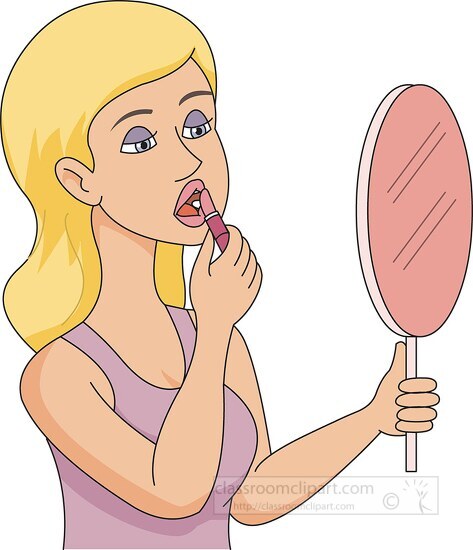 woman looking in mirror putting on lipstick clipart