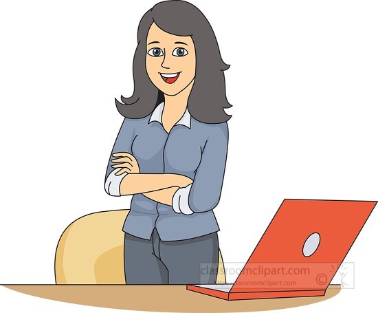 woman standing near laptop computer clipart