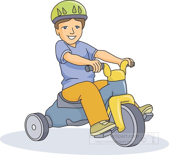 young boy wearing a helmet riding on tricycle clipart