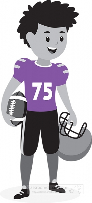 young football player holding ball and helmet gray color