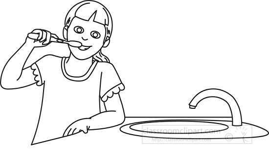 Young Girl Brushing Teeth Outline Clipart