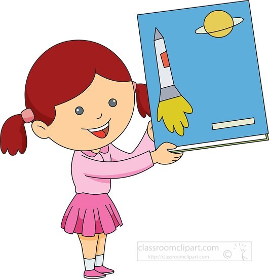young girl holding large science book clipart