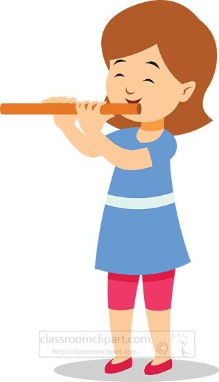 young girl musician playing musical instrument flute clipart