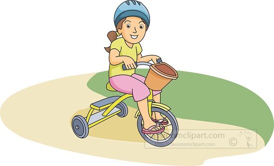 young girl riding tricycle wearing helmet clipart