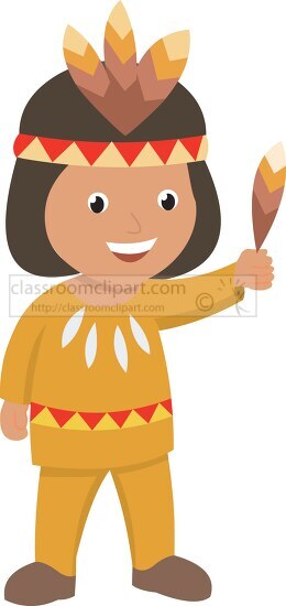 young native american boy holding feather clipart