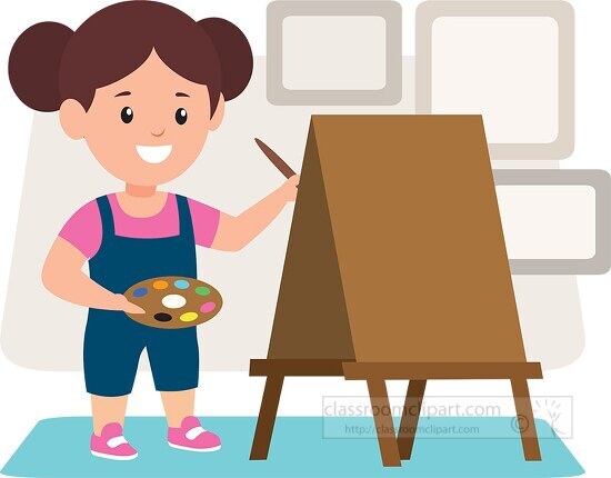 young student using easel to paint picture clipart