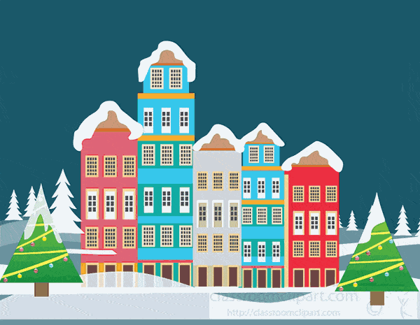 snow covered town with animation merry christmas