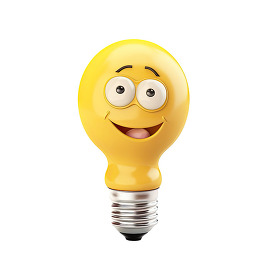3D cartoony style lightbulb with expression on a face
