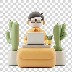3D character in orange working on a laptop surrounded by cacti  transparent png