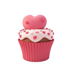 3D clay icon of a pink cupcake with heart sprinkles