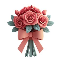 3D claymation style bunch of pink roses tied with a blue ribbon