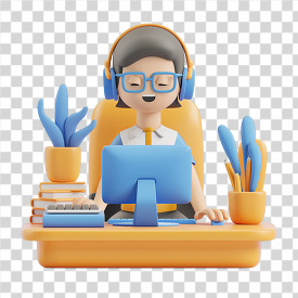 3D figure with headphones working on a computer at a desk transparent png