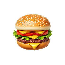 3D hamburger with cheese slices on sesame bun