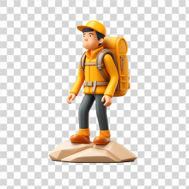3D illustration of a hiker in yellow gear standing on a rock transparent png