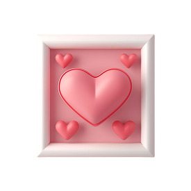 3D illustration of a pink heart in a white frame with smaller he