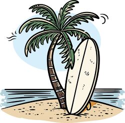 A beach illustration with a palm tree and a surfboard