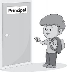 a boy standing out side principal's office gray color clipart