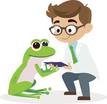 a large frog looks at an ipad with a young scientists cartoon st