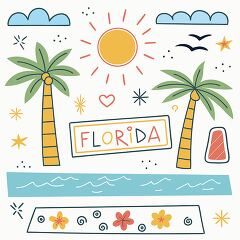 A vibrant Florida themed illustration with ocean and palm trees