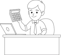 accountant at desk holding calcuator black outline