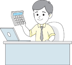 accountant at desk holding calcuator gray color