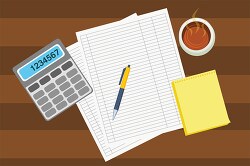 accountants desk with calculator paper coffee and pad clipart
