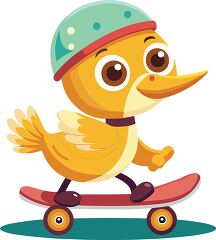 active yellow duck rides a skateboard with a helmet