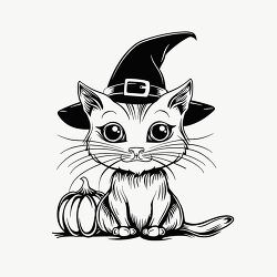 adorable cat in a witch hat with a pumpkin black outline