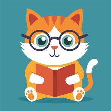 adorable orange and white cat wearing glasses and reading a book