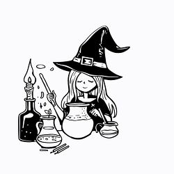 adorable young witch making a potion with a cauldron