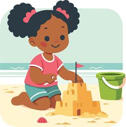 african american girl pigtails builds a sandcastle clipart