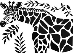 african giraffe eating leaves Black and white folk art style ill